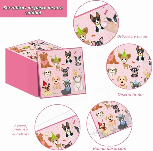 Vista 4 de Juego de 98 piezas de decoración de fiesta de cumpleaños de perro, juego de vajilla para cachorros, platos, servilletas, mantel con temática