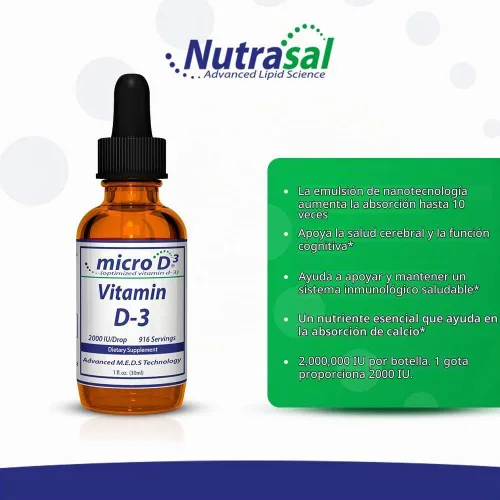 Vista 3 de Nutrasal Micro D3 Vitamina D-3 Gotas – Alto Concentrado (2 Millones de UI) Vitamina D3 con Nano Tecnología y hasta 10 veces más absorción -1 oz
