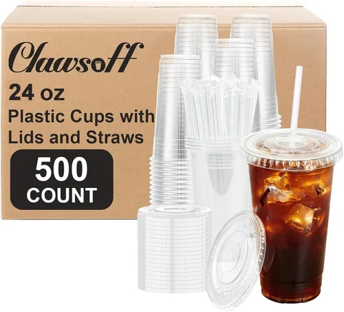 Vista 9 de Clawsoff Paquete de 50 vasos de plástico transparente de 24 onzas con tapas
