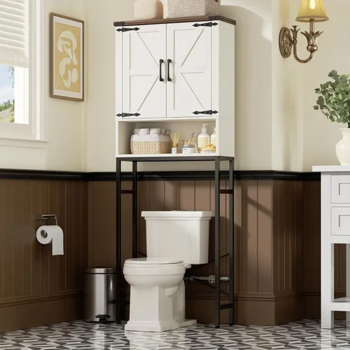 Vista 3 de Gabinete de almacenamiento sobre el inodoro con puertas estilo granja y estante ajustable, organizador de baño alto con soporte de metal que ahorra