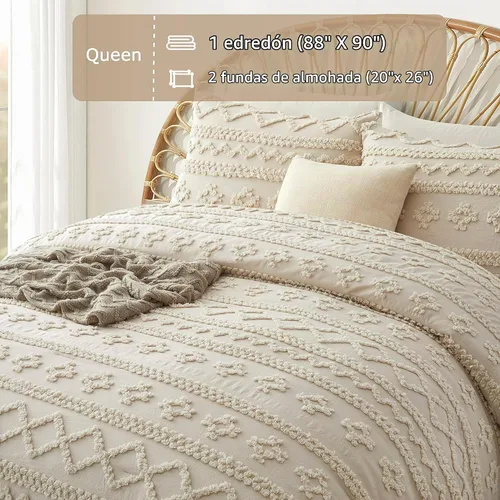 Vista 4 de Oli Anderson - Juego de edredón tamaño Queen, juego de ropa de cama boho copetudo 3 piezas para todas las estaciones, esponjosas y transpirables