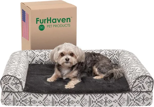 Vista 13 de Furhaven Cama para perro de espuma viscoelástica para perros medianos y pequeños con cojines extraíbles y funda lavable, para perros de hasta 35