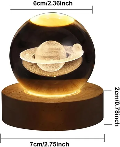 Vista 5 de Luz nocturna LED de bola de cristal, sistema de la Vía Láctea, lámpara de noche de cristal grabada en 3D con base de madera, carga USB