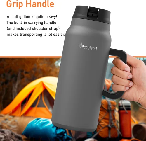Vista 3 de Vaso de 64 onzas con asa y tapa con popote, botella de agua de metal aislada con soporte para bolsa de transporte y correa para el hombro