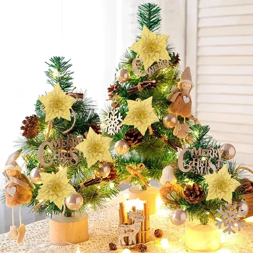 Vista 2 de 10 flores artificiales de Pascua con purpurina navideña con 10 clips, flores falsas grandes de doble capa de 7.1 pulgadas, adornos de boda y Año