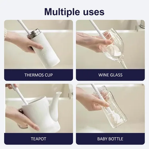 Vista 4 de Cepillo de silicona para botellas, cepillo de agua flexible de cerdas suaves de 360° con mango largo, cepillo de limpieza de tapa de taza