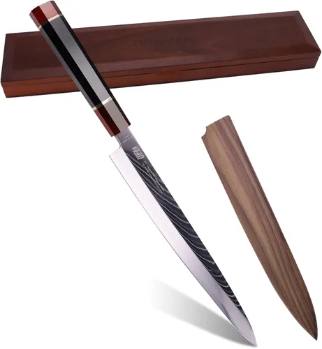 Vista 8 de Cuchillo Kiritsuke Serie Prestige con Funda de Nogal, Hoja de Acero Damasco VG10 Japonés, Mango Octagonal de Madera de Ébano, Cuchillo Profesional