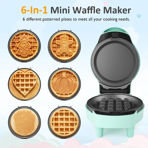 Vista 2 de Mini waflera 6 en 1, plancha de gofres de 4 pulgadas con platos antiadherentes extraíbles, mini máquina para hacer gofres perfecta para niños y Azul