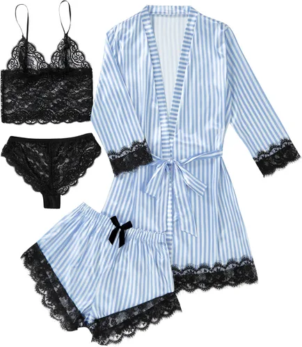 Vista 16 de LYANER Conjunto de pijama sexy de satén de seda para mujer Azul (Blue Print)
