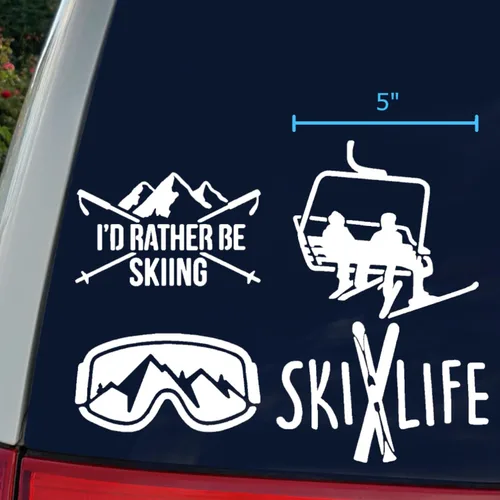Vista 3 de Paquete de 4 calcomanías de esquí: Ski Life, I'd Rather Be Skiing, gafas, telesilla (blanco, grande ~ 5 pulgadas)