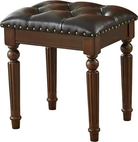 Vista 7 de Taburete de tocador con cojín de cuero de microfibra, silla de tocador otomana con patas de madera maciza para dormitorio, sala de maquillaje