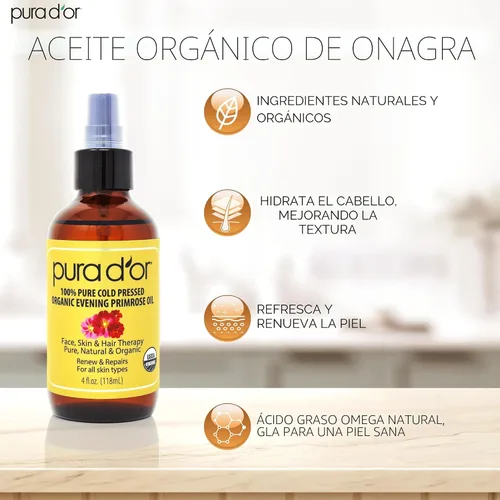 Vista 2 de PURA D'OR Aceite de onagra orgánico (4oz) 100% puro prensado en frío con ácidos grasos esenciales naturales y rico en antioxidantes - Hidrata