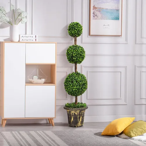 Vista 3 de Árbol artificial de boj de 4 pies, bolas triples Topiary en maceta de plástico rellena de cemento, plantas sintéticas para porche delantero, sala