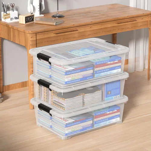 Vista 6 de Paquete de 3 cajas de almacenamiento transparentes de 20 cuartos de galón con ruedas, contenedores de plástico debajo de la cama con tapas