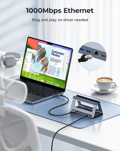 Vista 7 de Estación de acoplamiento USB-C para MacBook Pro/Air, Dual HDMI, USB-C Dock con 10Gbps, PD3.0, RJ45, 2xUSB 3.0, 2xUSB 2.0, SD/TF, Audio