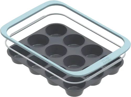 Vista 3 de Chicago Metallic Molde de silicona para magdalenas de 12 tazas, color azul, antiadherente con borde reforzado con alambre, apto para horno hasta 428