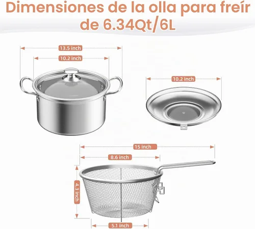 Vista 2 de Freidora profunda de 6L/6.3Qt con cesta, olla de acero inoxidable mejorada