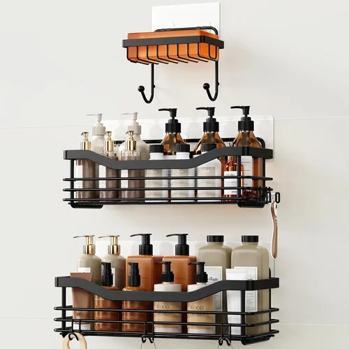 Vista 11 de Orimade Cesta de ducha con 5 ganchos, organizador de baño, estante de almacenamiento de cocina, adhesivo montado en la pared, sin perforaciones