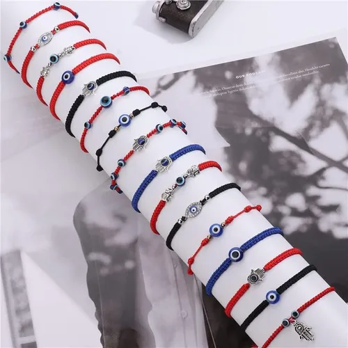 Vista 6 de Juego de 7 pulseras contra el mal de ojo, hechas a mano, ajustables, pulseras de protección Mal De Ojo Lucky Red Black String Elephant Sea Turtle