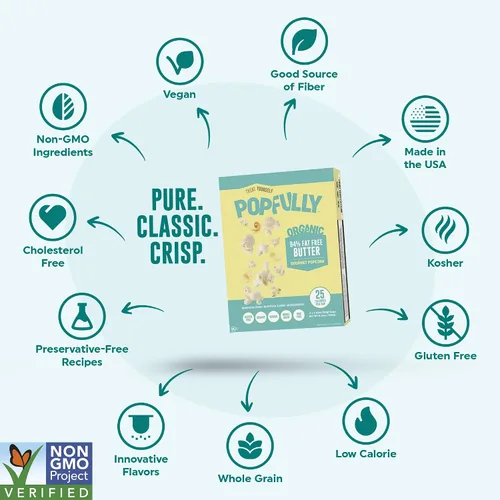 Vista 5 de POPFULLY Palomitas 94% libres de grasa totalmente explotadas, bolsas para compartir, sabor a mantequilla ligera, gran explosión, bolsas
