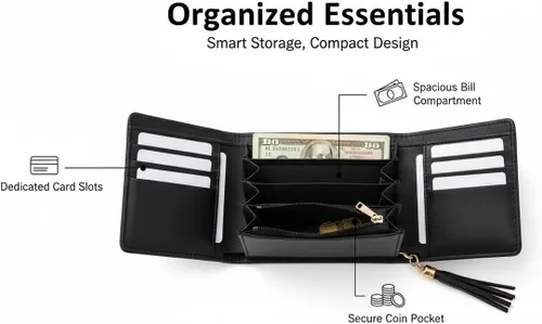 Vista 6 de Cartera con tarjetero RFID para mujer, billetera delgada, plegable, multitarjeta, con cremallera, monedero