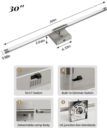Vista 6 de Lámparas de tocador de níquel cepillado para baño sobre espejo de 30 pulgadas, apliques LED de baño IP44 5CCT, luces modernas ajustables