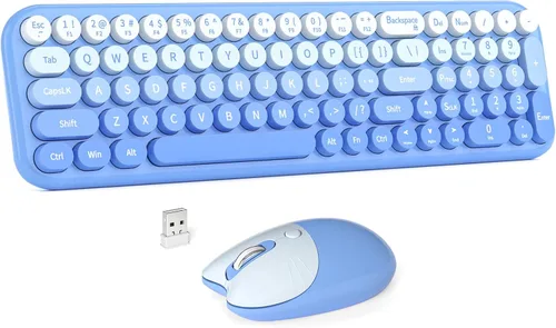Vista 23 de MOWUX Combo de teclado y mouse inalámbricos, máquina de escribir de tamaño completo, teclado de computadora redondo retro, lindo mouse óptico, 2.4G