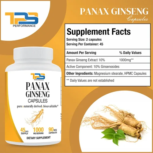 Vista 2 de Panax Ginseng Extra Fuerza 10% Ginsenósidos 1000 mg por porción 90 cápsulas vegetales Suministro para 45 días