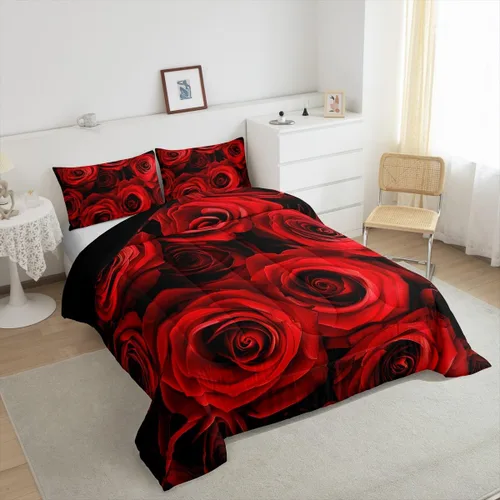 Vista 2 de Juego de edredón de rosas rojas, tamaño individual, juego de ropa de cama floral rojo degradado negro para niñas, mujeres, niños, adolescentes