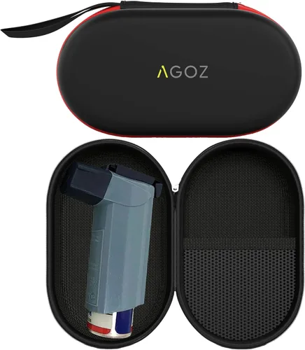 Vista 2 de AGOZ Funda de viaje para medicamentos para inhaladores de asma, soporte para inhalador con cierre de cremallera y correa para la muñeca (negro/rojo)