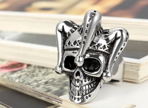 Vista 2 de Flongo Anillo punk de acero inoxidable plateado negro gótico Joker payaso anillo para hombre