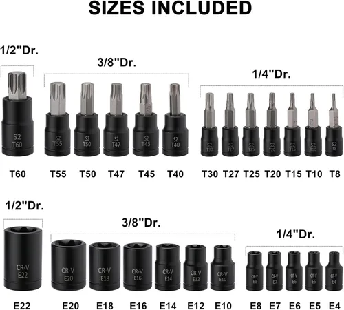 Vista 3 de Mayouko Juego de 25 brocas Torx de 1/4", 3/8", 1/2", 1/2", 1/2", 12 enchufes E-Torx hembra y 13 puntas de enchufe estrella