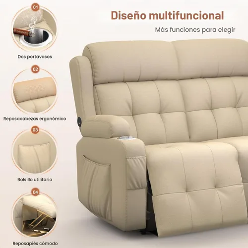 Vista 3 de Sofá reclinable de dos plazas para cine en casa, sofá reclinable de pared con USB, portavasos, sillón reclinable de tela de guijarros, sofá cama
