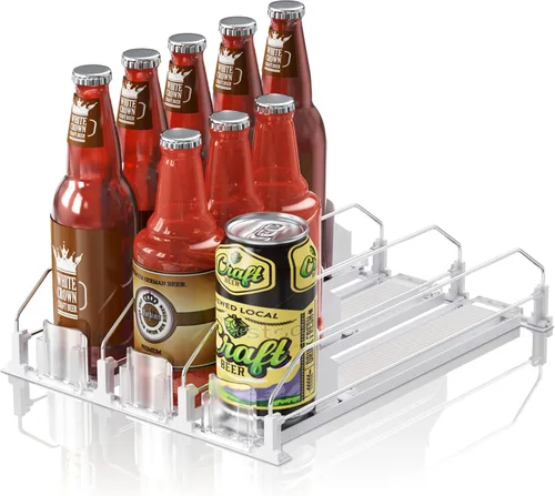 Vista 27 de Organizador de Bebidas para Refrigerador, 12oz 16oz 20oz - Dispensador de Latas de Refresco para Refrigerador, Ancho Ajustable, Deslizador Negro