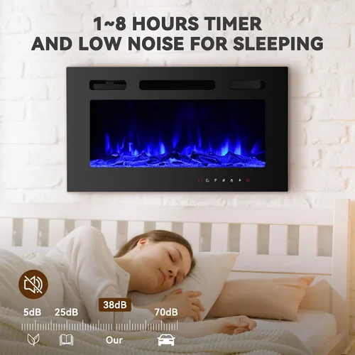 Vista 4 de Chimenea eléctrica montada en la pared y empotrada de 30 pulgadas con control remoto temporizador de 8 horas, 12 llamas, pantalla táctil, calentador