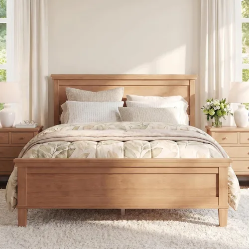 Vista 9 de Merax Base de cama de plataforma de madera de tamaño matrimonial con cabecero, cama de granja moderna de mediados de siglo, marco de cama de madera