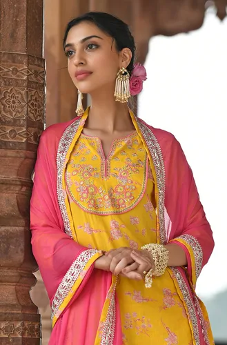 Vista 6 de Janasya Kurta bordada de algodón amarillo para mujer india con palazzo y dupatta