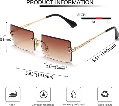 Vista 4 de SDINM Gafas de sol sin montura de los años 90, lentes de sol rectangulares tintadas, color caramelo para mujeres y hombres