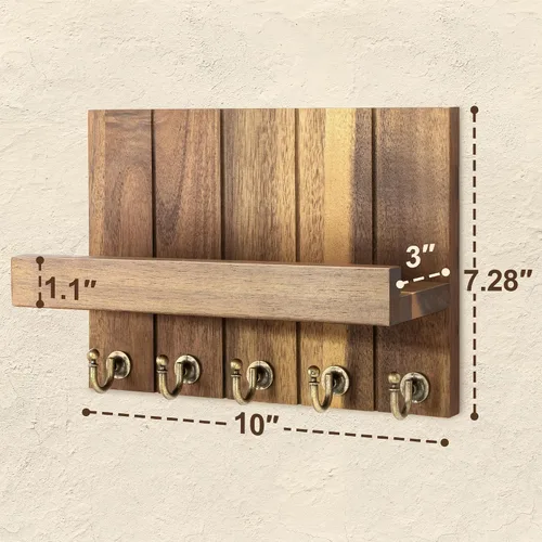 Vista 2 de Rebee Vision Soporte de Pared para Llaves de Madera de Acacia – Soporte para Llaves Estilo Granja para Pared y Organizador de Correo con Estante