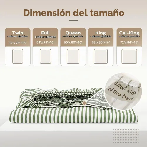 Vista 6 de JELLYMONI Sábana Bajera Ajustada 100% Algodón, Tamaño Queen, Verde Rayado, Extra Profunda 16”, Ultra Suave y Transpirable, Bolsillo Profundo 0901