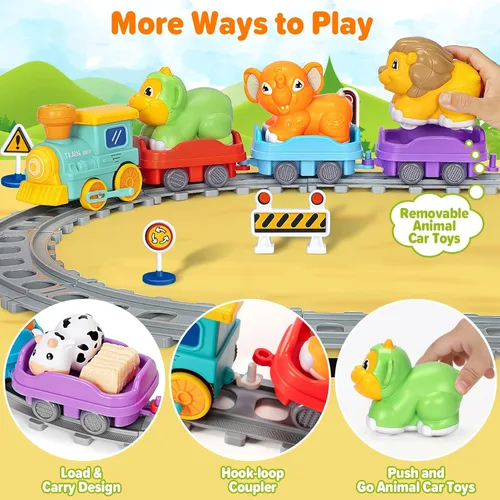 Vista 4 de Juego de tren eléctrico para niños pequeños, juguetes realistas de tren de vapor para niños con vías, juguetes de animales para niños pequeños de 1