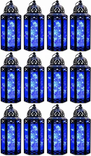 Vista 37 de VELA LANTERNS Juego de 2 portavelas decorativos de LED con luces de hadas de 12" de metal marroquí para colgar o mesa, decoración del hogar