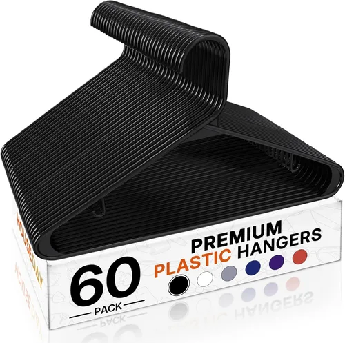 Vista 24 de HOUSE DAY Paquete de 10 perchas de plástico color negro, perchas de plástico con ganchos integrados, percha duradera y fuerte para armario, ahorro