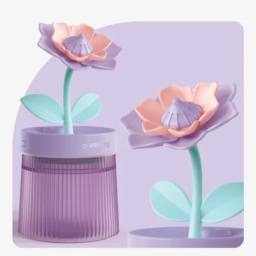 Vista 4 de Humidificador de niebla fría de 8.8 fl oz con linda flor, humidificador USB con luz, difusor de aceite esencial, difusor de aceite de aromaterapia