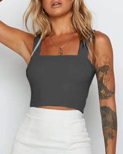 Vista 3 de Wsirmet Blusa corta sin mangas para mujer, sin mangas, cuello cuadrado, delgada, básica, lisa, corta