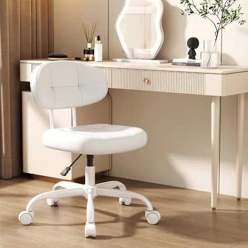 Vista 9 de Misolant Silla de tocador con respaldo, pequeña silla de oficina sin brazos con ruedas y soporte lumbar, cómodas sillas de escritorio de piel Negro