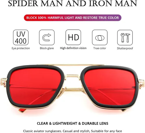 Vista 4 de PORADAY Tony Stark - Gafas de sol Iron Man con marco de metal cuadrado vintage