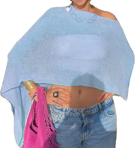 Vista 7 de Amiblvowa Poncho transparente para mujer, poncho de punto Y2K Negro