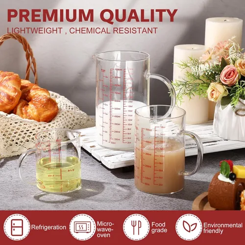 Vista 7 de Lallisa Juego de 3 tazas medidoras de vidrio de borosilicato alto con asa en forma de V, 4, 2, 1 taza y 3 escalas (onzas, taza, ml), para cocina