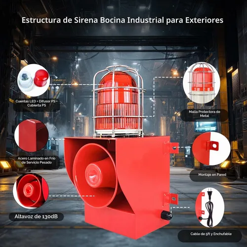 Vista 4 de Sirena de alarma IP66 impermeable al aire libre 130dB cuerno 45W Sirenas de seguridad para puertos, muelles, fábricas, escuelas, hogares AC